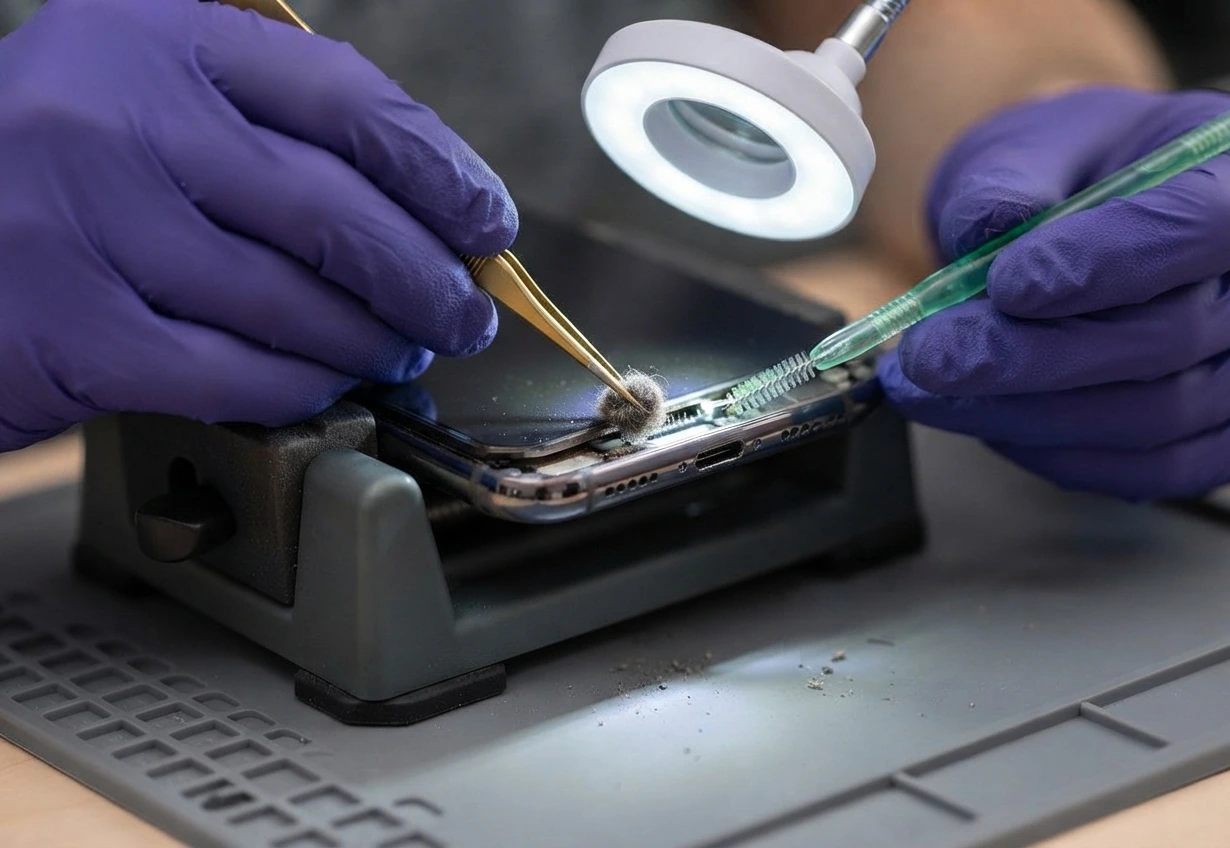 Technician cleaning a phone charging port at Thefix IT Service in Glendale, AZ