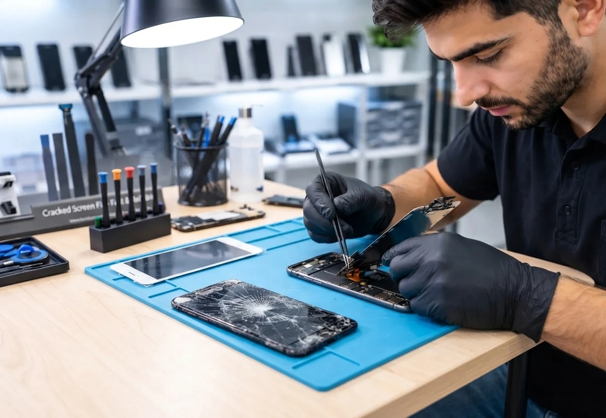 Technician working on a broken phone screen fix at Thefix IT Service in Glendale, AZ