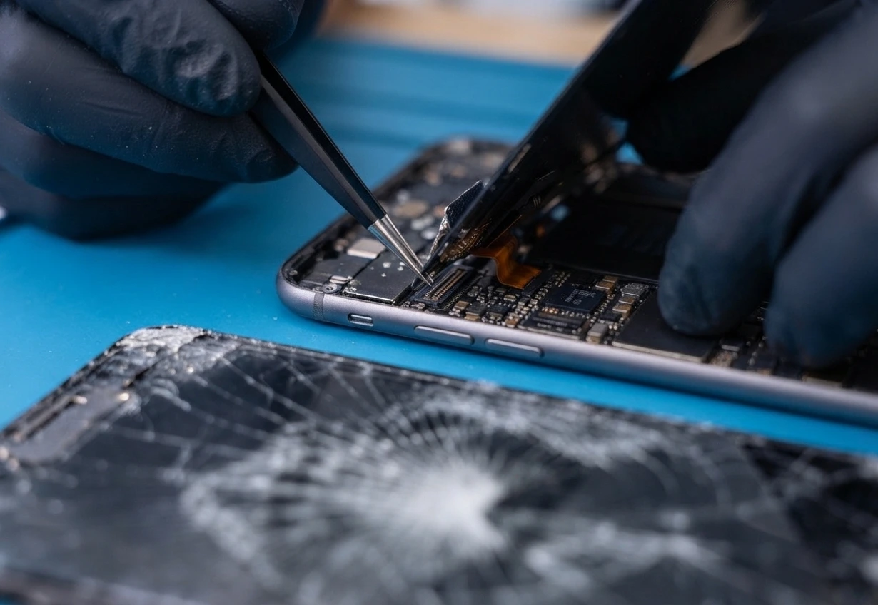 Technician fixing a cracked phone screen at Thefix IT Service in Glendale, AZ