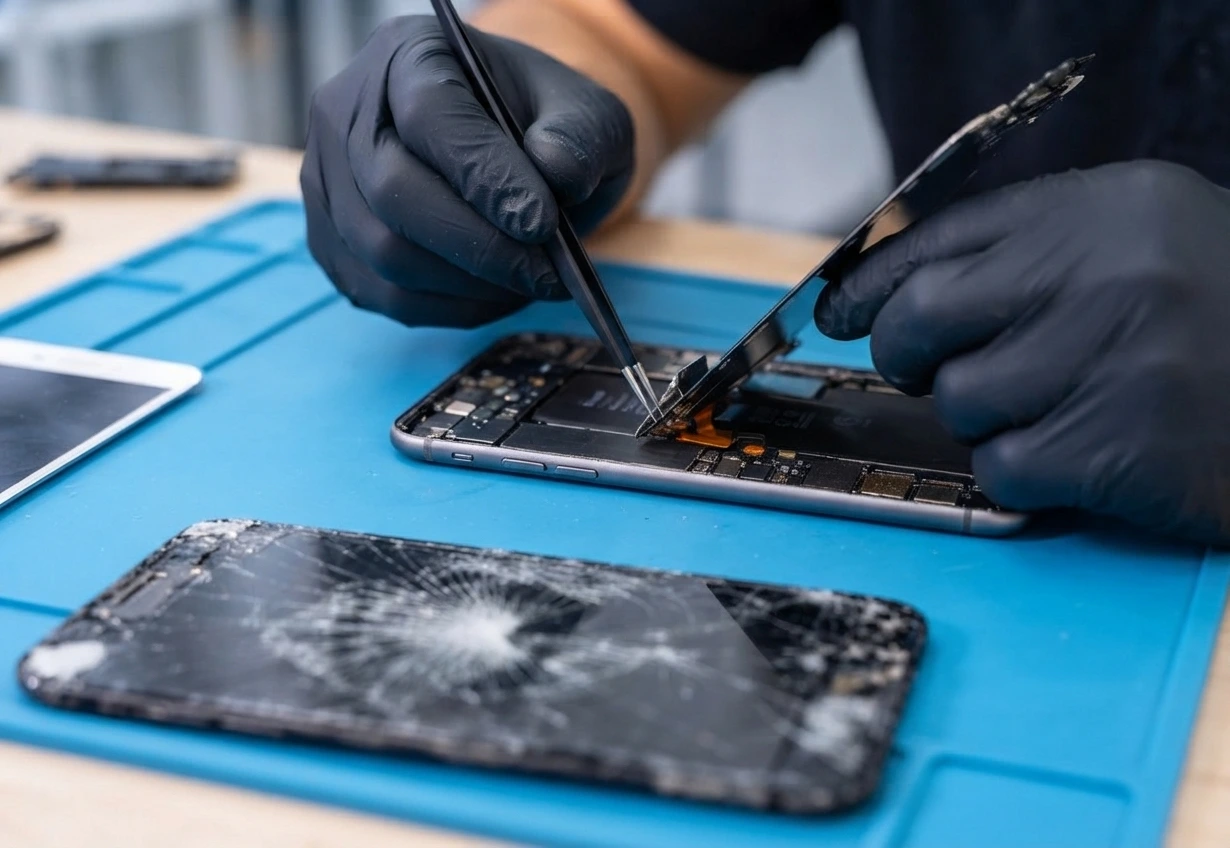 Technician fixing front and back glass on a phone at Thefix IT Service in Glendale, AZ