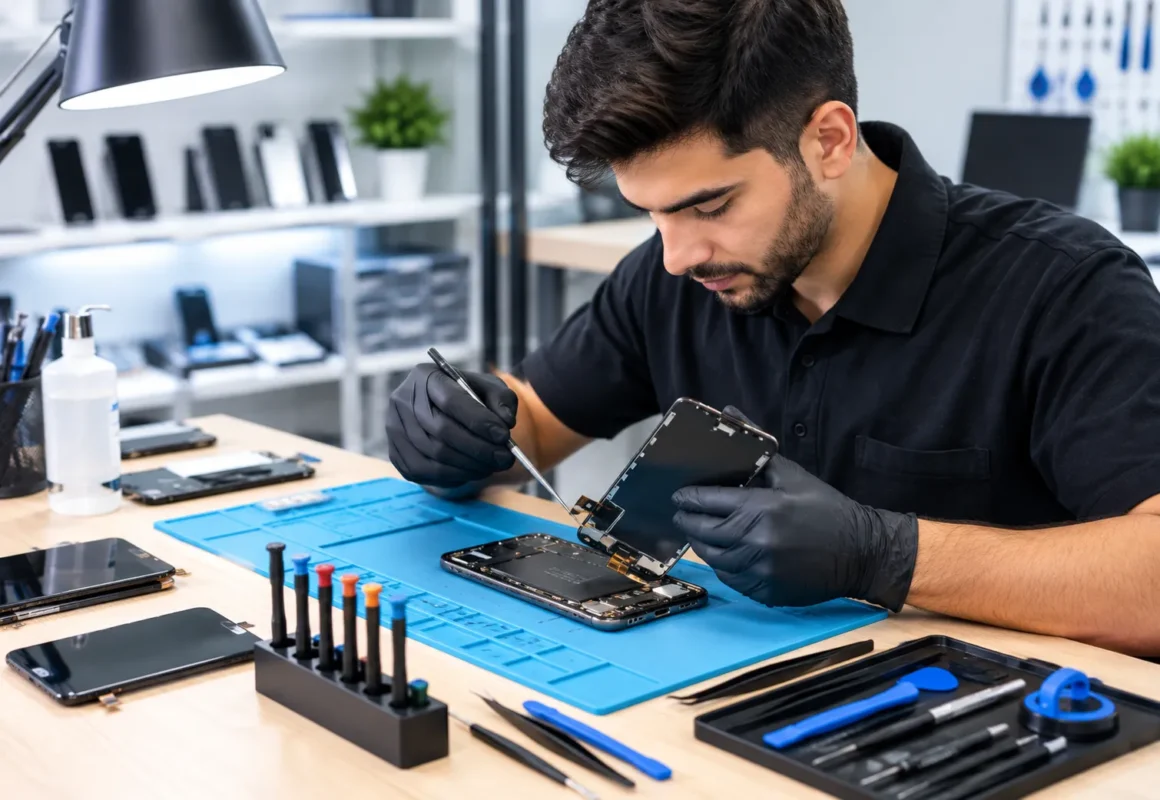 Technician performing a professional phone screen fix on a cracked screen at Thefix IT Service in Glendale, AZ