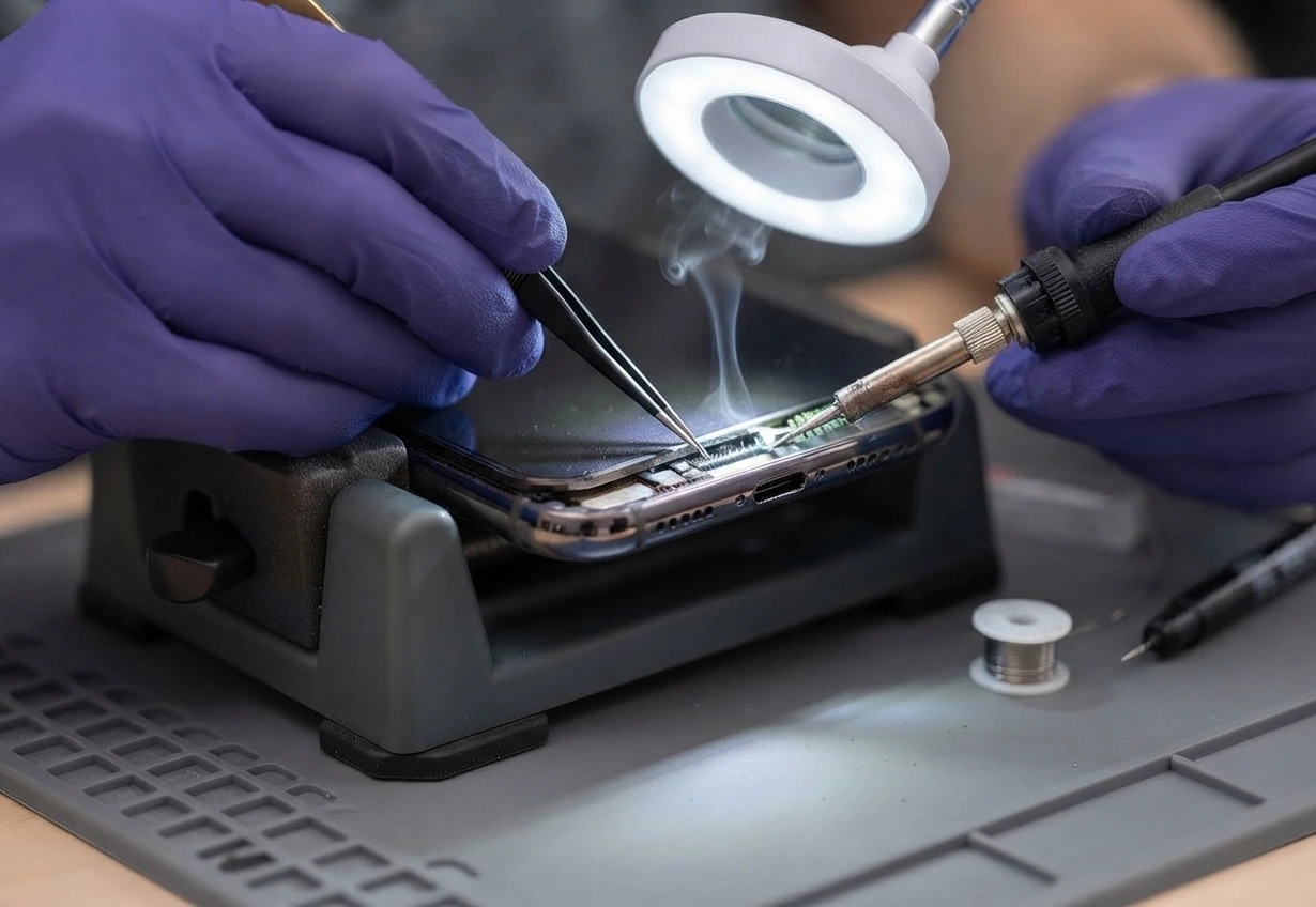 Technician fixing a loose phone charging port at Thefix IT Service in Glendale, AZ