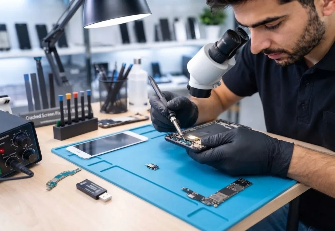 Technician using a microscope to fix a phone charging port at Thefix IT Service in Glendale, AZ
