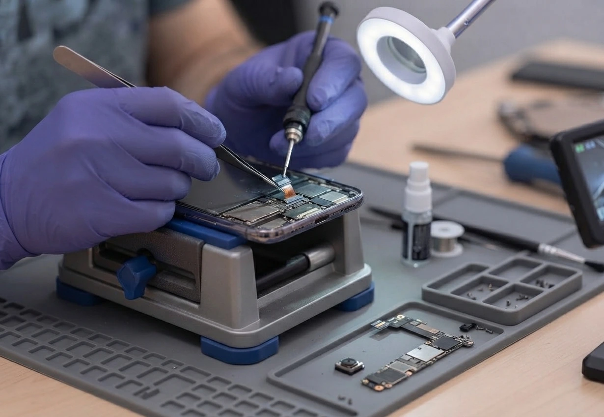 Technician diagnosing a phone that won't charge at Thefix IT Service in Glendale, AZ