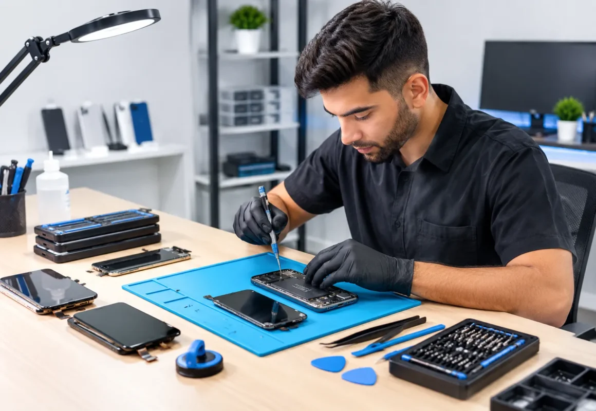 Technician fixing a cracked phone screen at Thefix IT Service's local shop in Glendale, AZ