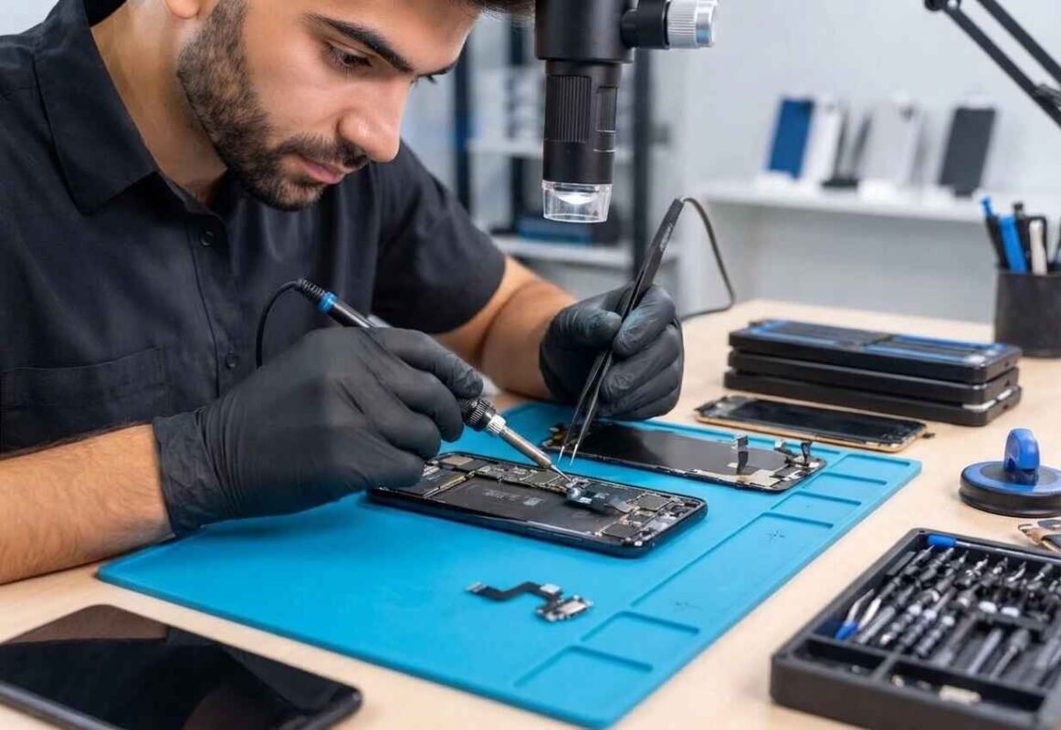 Technician fixing a phone charging port at Thefix IT Service's local shop in Glendale, AZ
